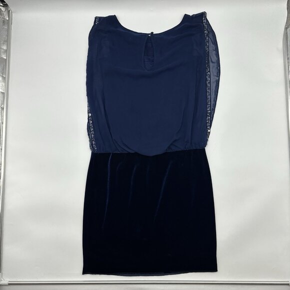 Cache Women's Size 4 Navy Blue Chiffon Formal Beaded Velvet Skirt Blouson Dress - Picture 3 of 9